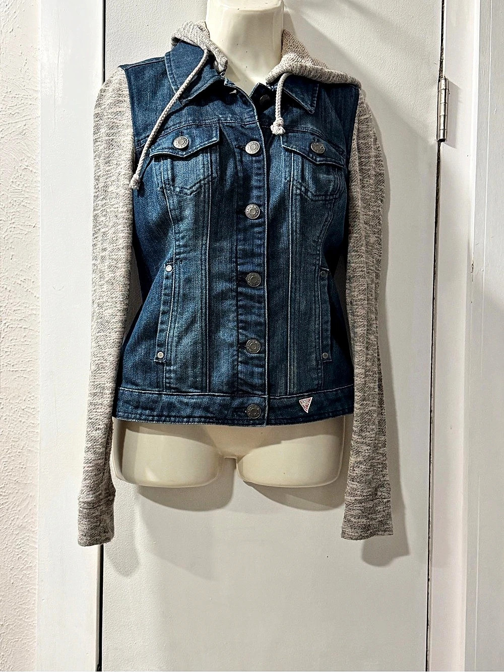 GUESS Hooded Denim Jacket with Knit Sleeves Blue & Gray Small